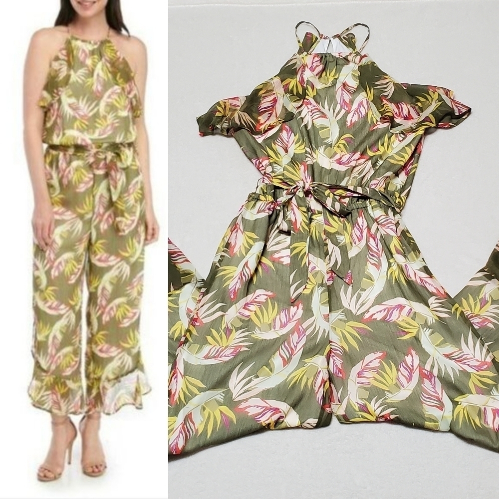 Kaari Blue Olive Green Tropical Floral Racerback Flounce Hem Jumpsuit M